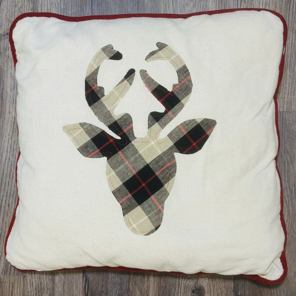 Farmhouse Throw Pillow Plaid Deer Silhouette 18 x 18 Christmas‎ Holiday
